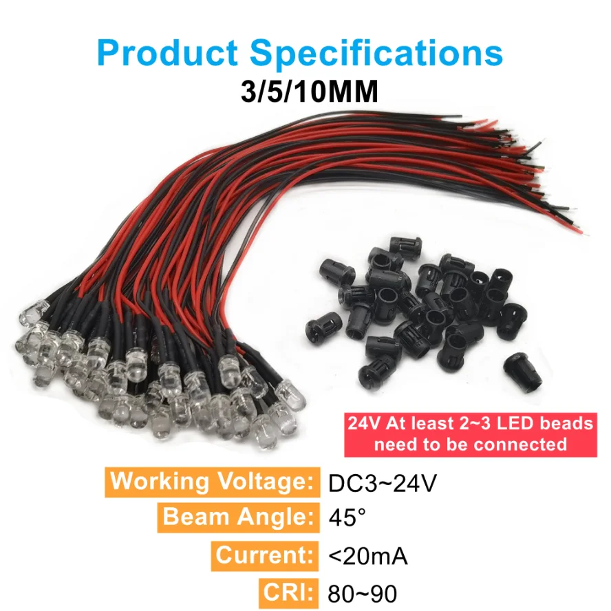 DC3V24V 사전 배선된 LED 전구 액세서리 DIY 발광 다이오드 표시등 선박 모형 장난감 자동차 투명 비드(베이스 포함)