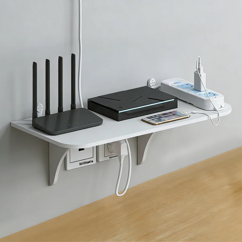 Mount Floating Router Router Floating Shelf Wall Mount with Hooks Power Strip TV Box Storage ...