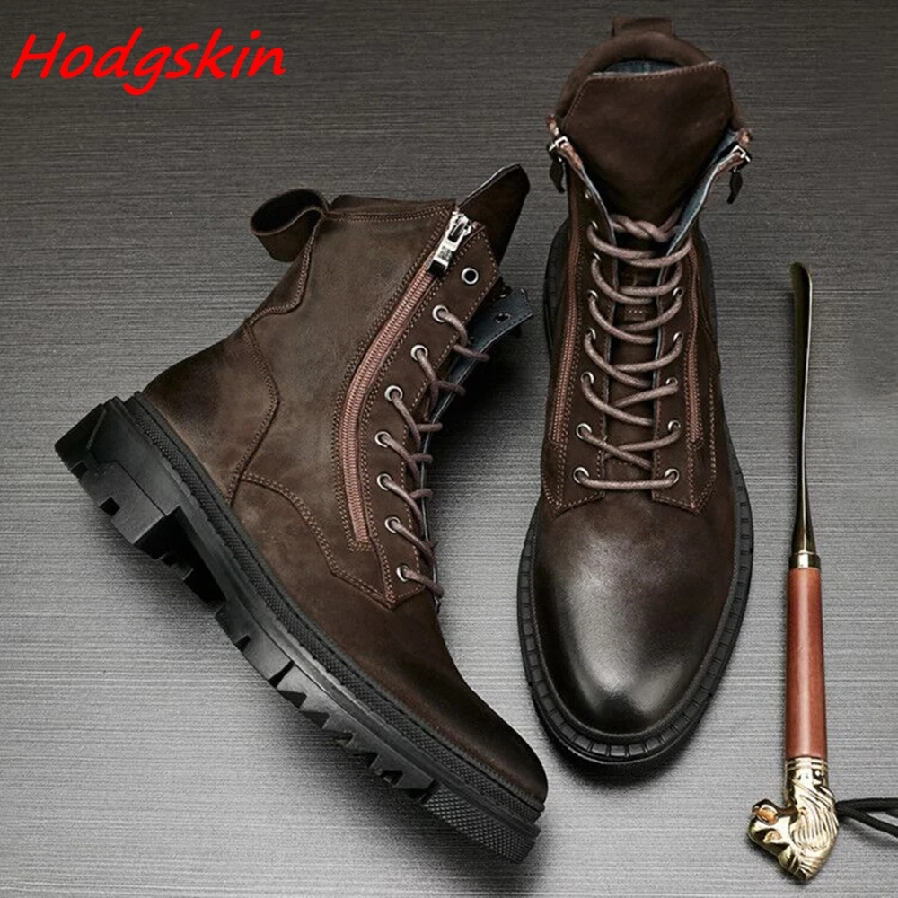 Cow Leather Spring Autumn Boots Round Toe Sewing Lace Up Chunky Heels Men's Boots 2024 New Arrivals Thicken Winter Fashion Boots