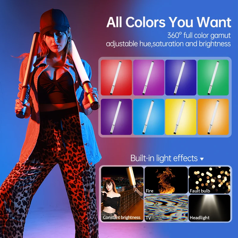 JINBEI EFT220BI 휴대용 LED 비디오 라이트, 지팡이 스틱 사진 튜브, 틱톡용 헛간 문짝 포함, 2700-7500K RGB 14W