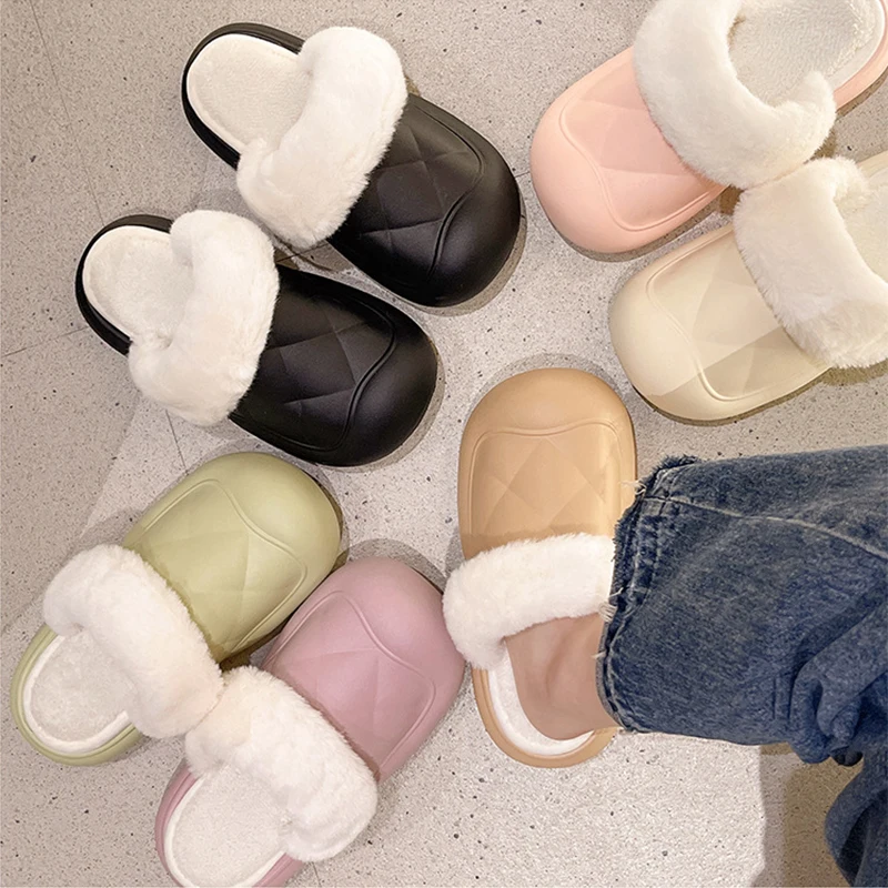

New Women Slippers Waterproof Home Furry Shoes Couples Thick Platform Slides Warm Plush Non Slip Outdoor Cotton Shoes