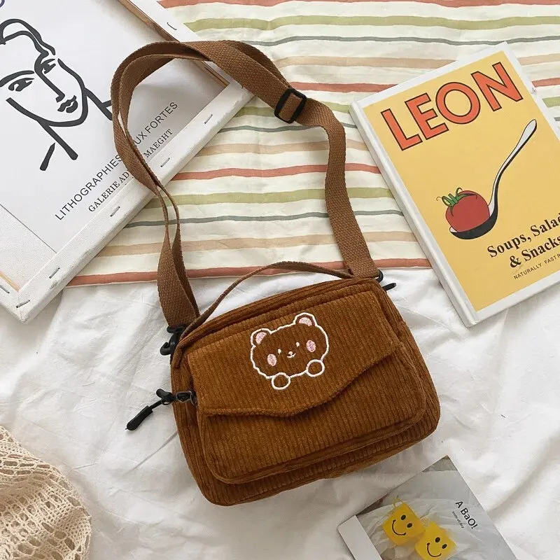 Personalized Teddy Bear Embroidered Diagonal Shoulder Corduroy Women's Crossbody Bag