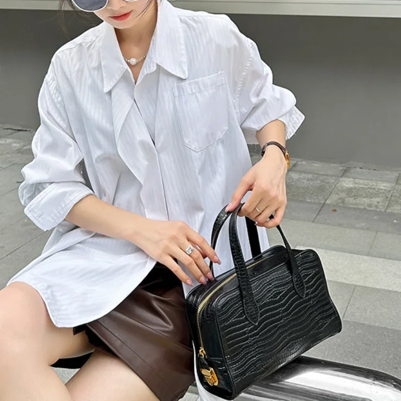 Fashion all-match square handbags Korean commuter big capacity luxury genuine leather top handle satchels zip up purses clutches