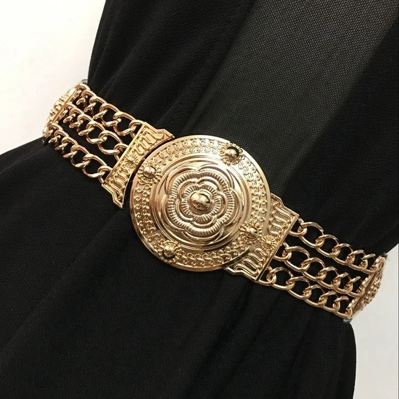 TrendyFashionJewelry Women Fashion Elastic Wide Waistband Belt Hip High  Waist X Shape Gold Metal Buckle S M Beige