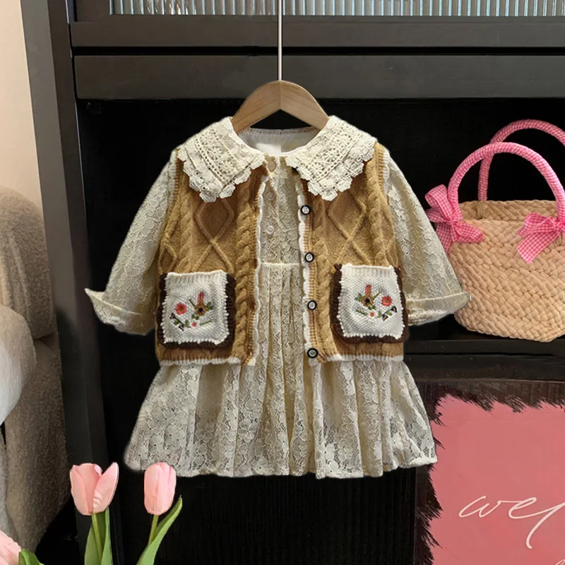 

Chic Girls Dress Sets Floral Embroidery Knitted Vest+Full Sleeve Lace Vestidos 1-6Y Kids Spring Autumn Fashion Clothing Suits