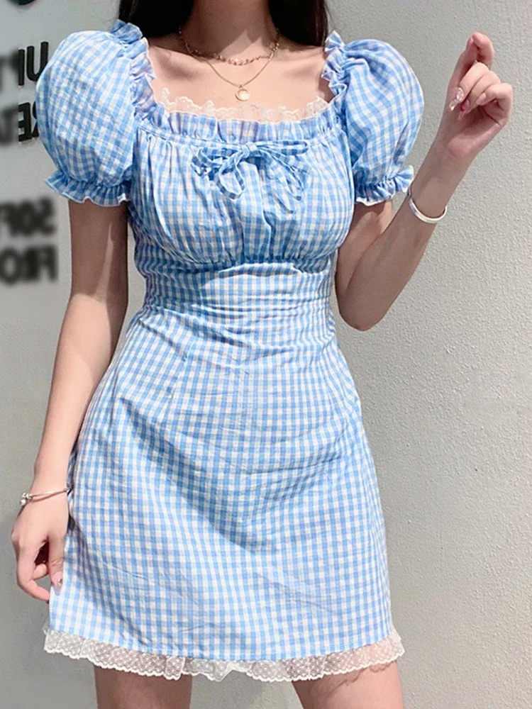 

Summer Vintage Plaid Dress French Courtly Style Lace Ruffles Slash Neck Fairy Dress Vintage Lolita Sweet Women Plaid Mini Dress