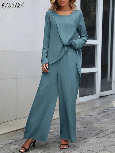 Fashion Two Piece Pant Sets 2023 ZANZEA Women Autumn Long Sleeve Tops and Pants  Outfits Casual Loose Wide Leg Trousers Sets - AliExpress