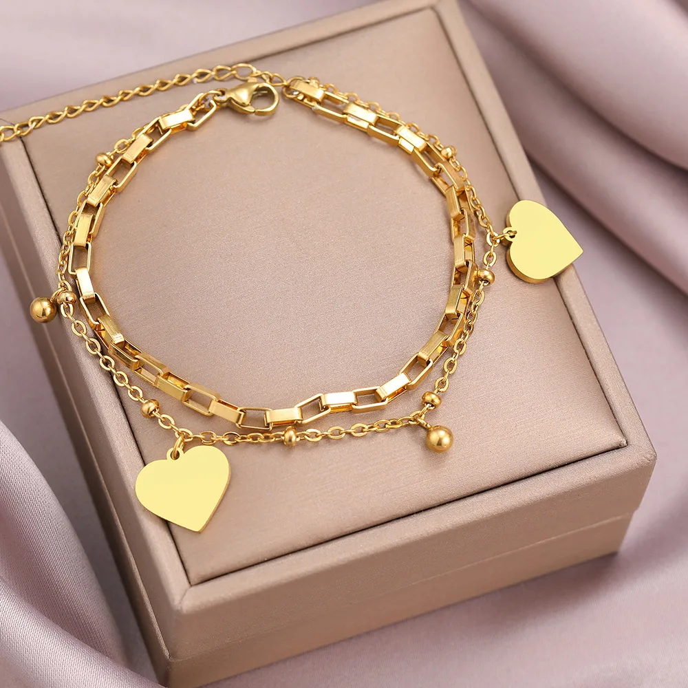 Gold-Colored Double Chained Heart Bracelet 1