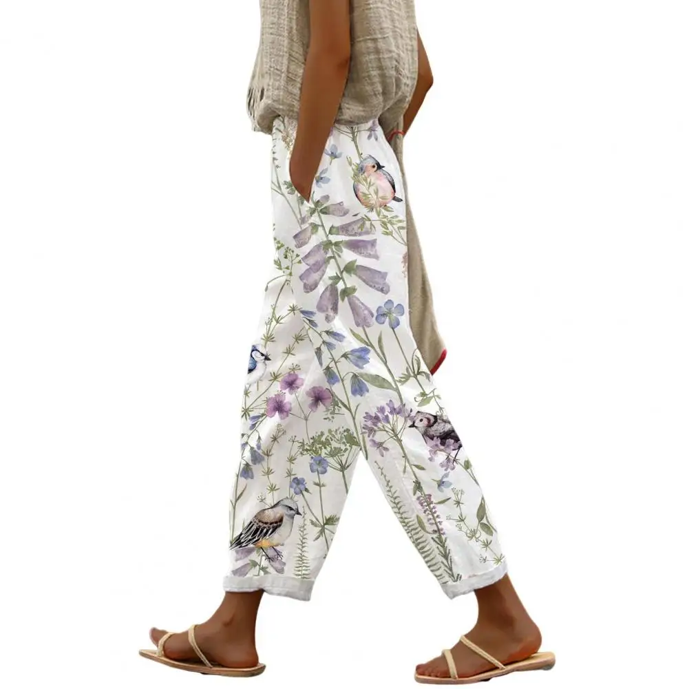 Women Casual Pants Elastic Waist Drawstring Harem Pants Digital Floral Print Beach Office Shopping Daily Long Trousers