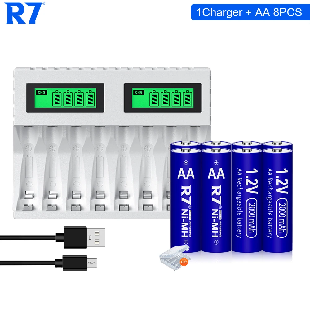 

R7 1.2V AA Rechargeable Battery 2000mAh NI-MH aa Batteries and Smart Battery Charger for 1.2V AA/AAA Rechargeable Battery