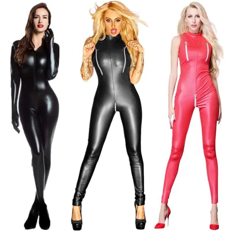 

Red Black Wet Look Zipper Faux Leather Jumpsuit PVC Latex Catsuit Club Wear Costumes Women Open Crotch Bodysuit Fetish Uniforms