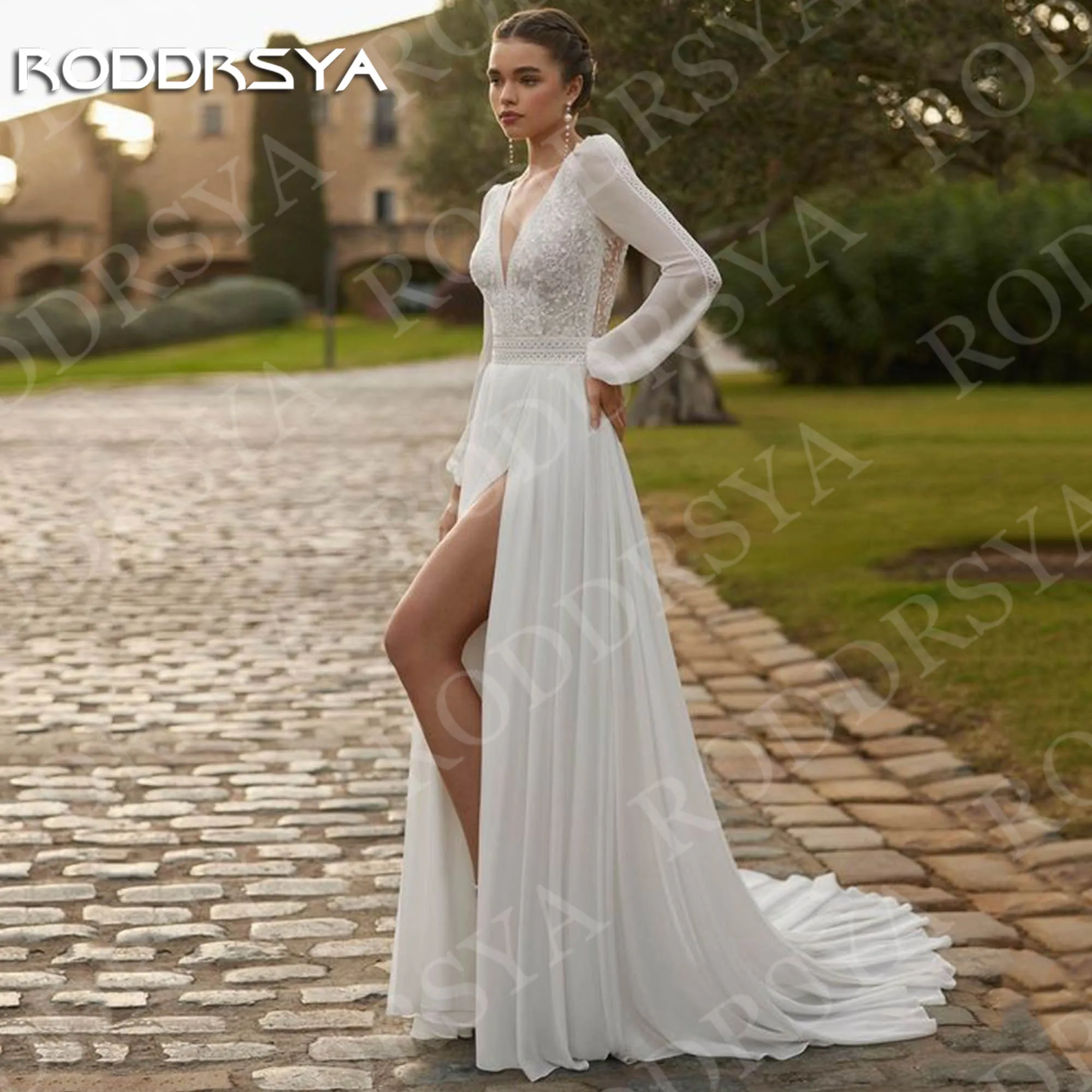 RODDRSYA Boho 웨딩 드레스 긴 소매 라인 우아한 레이스 V 넥 높은 ..