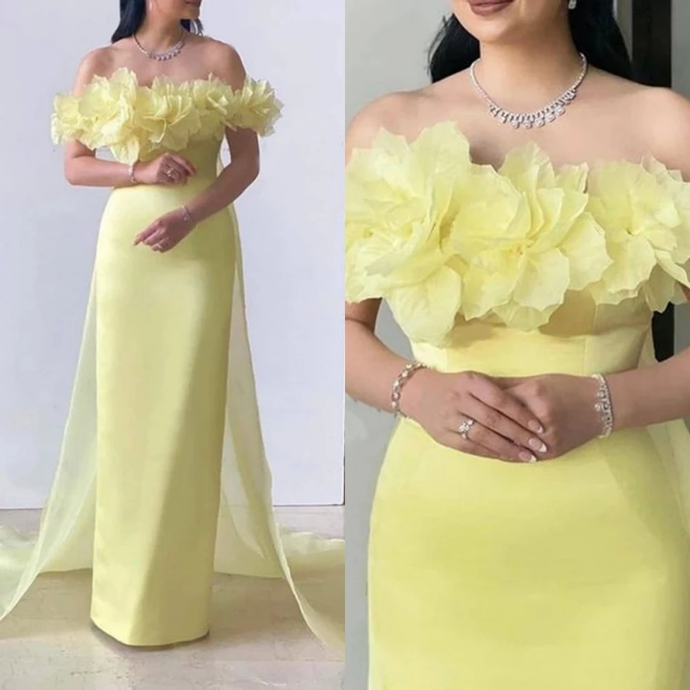 

Elegant Light Yellow Strapless Sheath Evening Dresse For Women 2024 Floor Length Flower Sleeveless Satin Formal Evening Gown