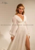 Chic V-neck Full Sleeves Boho Wedding Gowns High Split Chiffon Bride Gown 2023 Long Train Bohemian  Dress vestido de novia 3