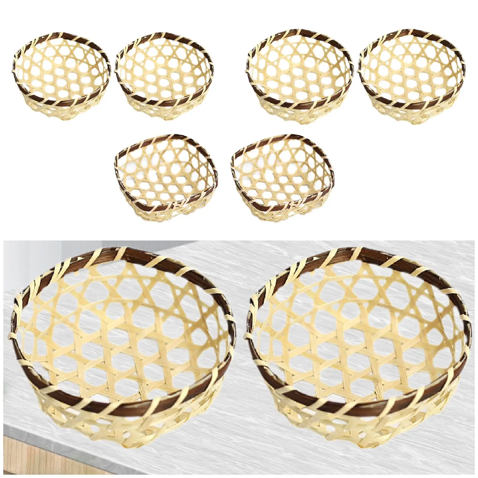 2x Bamboo Serving Basket Tray Handmade Multipurpose Decorative Rustic Farmhosue Woven Baskets Mini Serving Baskets Wicker Basket 4