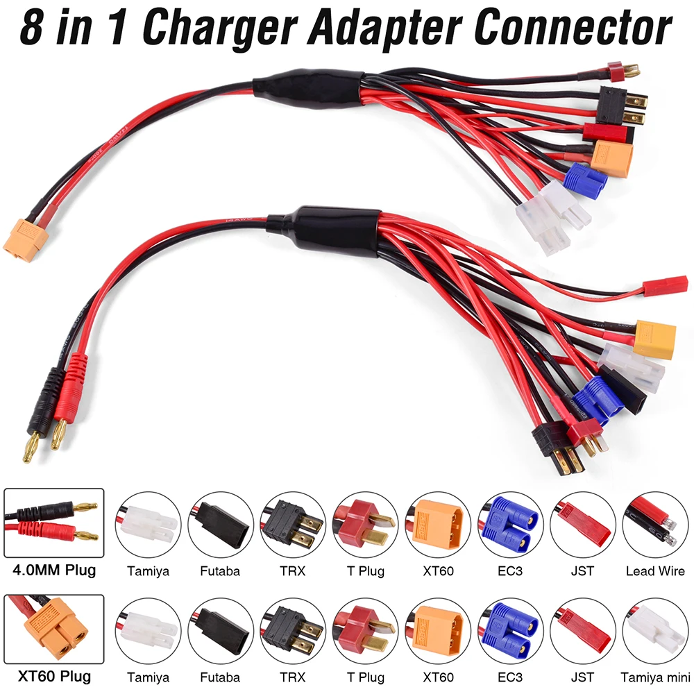 Câble adaptateur chargeur RC 8-en-1 avec fiches banane 4mm et connecteur XT60, sur fond blanc.