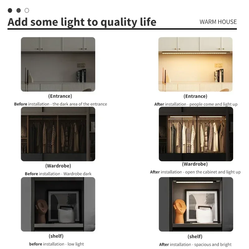 LED Night Light LED Cabinet Light LED Motion Sensor Light Under Cabinet Lights Bedroom Wardrobe Closet Indoor 10/20/30/40/50/60cm