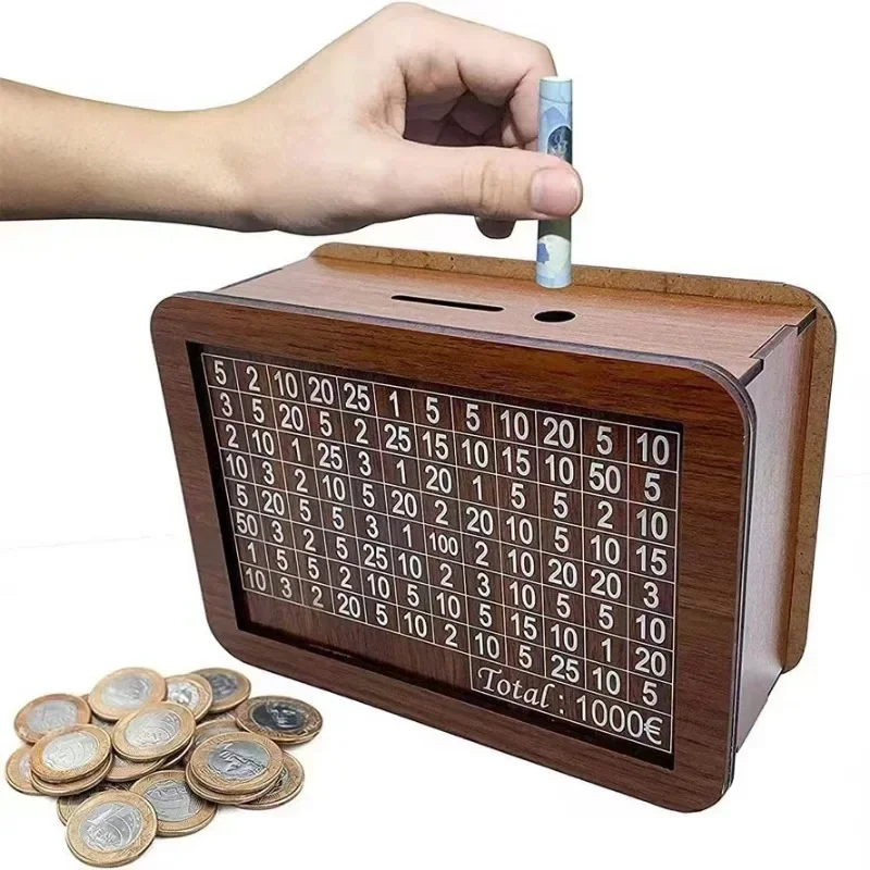 1000/2000/3000/5000/10000 Euro Wooden Money Box - Reusable Piggy Bank with Savings Goal Tracker & Numbered Compartments 4
