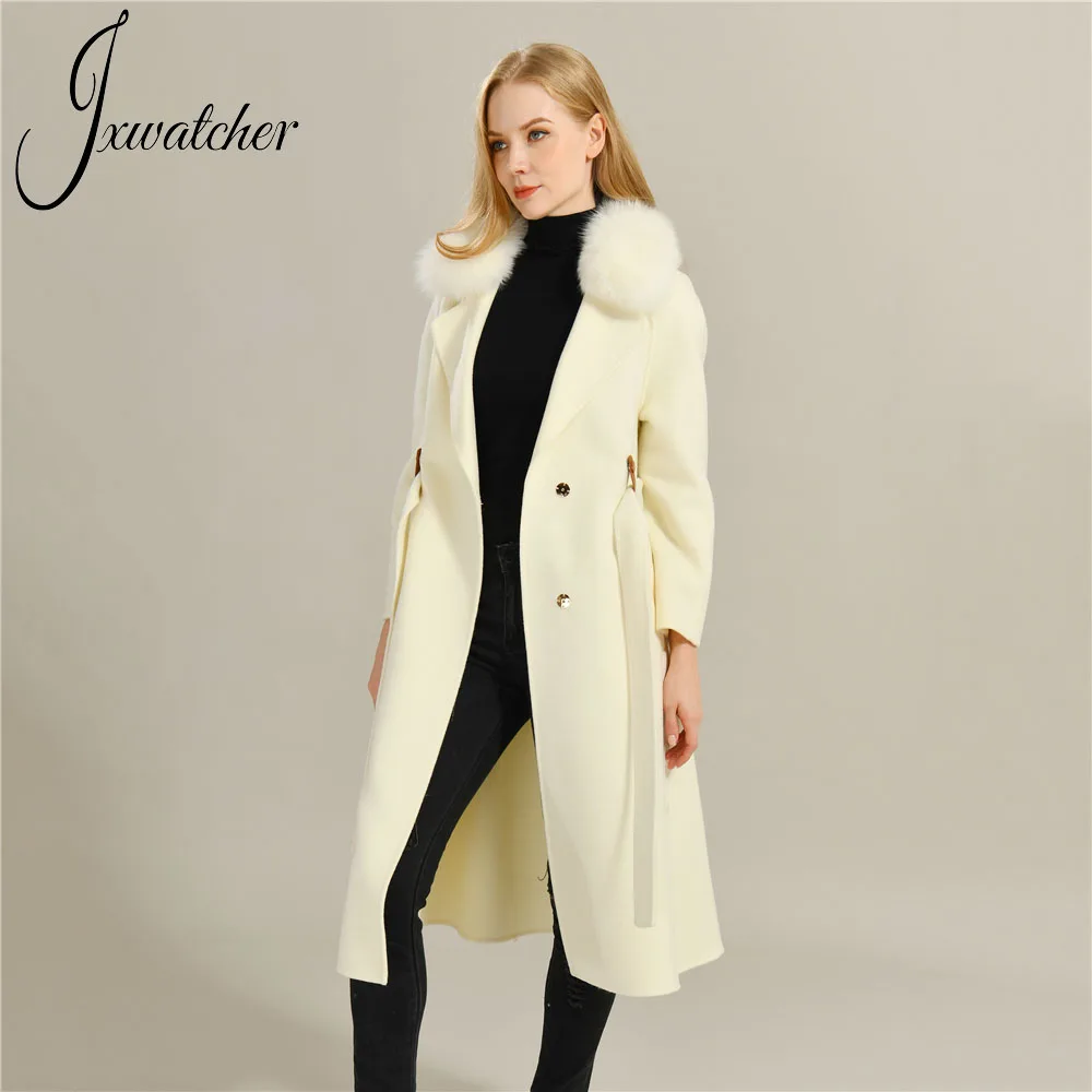 

Women's Cashmere Coat Real Fox Fur Collar Ladies Long Wool Trench Coat Female Winter Elegant Solid Outerwear 2021 New Arrival