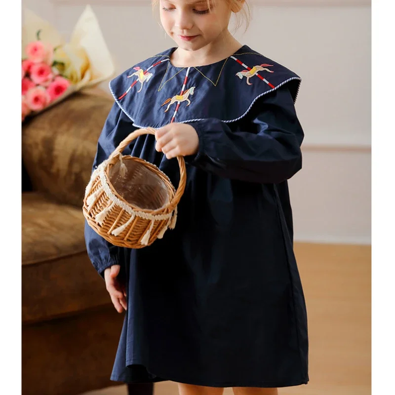 2024 Autumn Carousel Embroidery Lapel Long Sleeved Girls' Dress Clothing Spring Campus Navy Style Children's Pure Cotton Dress - Image 3