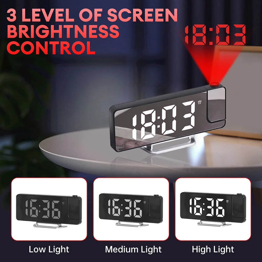 New LED Mirror Projection Alarm Clock Electronic Table Clock Bedside Desk Clock Temperature Date Display Snooze Alarm Clock 4
