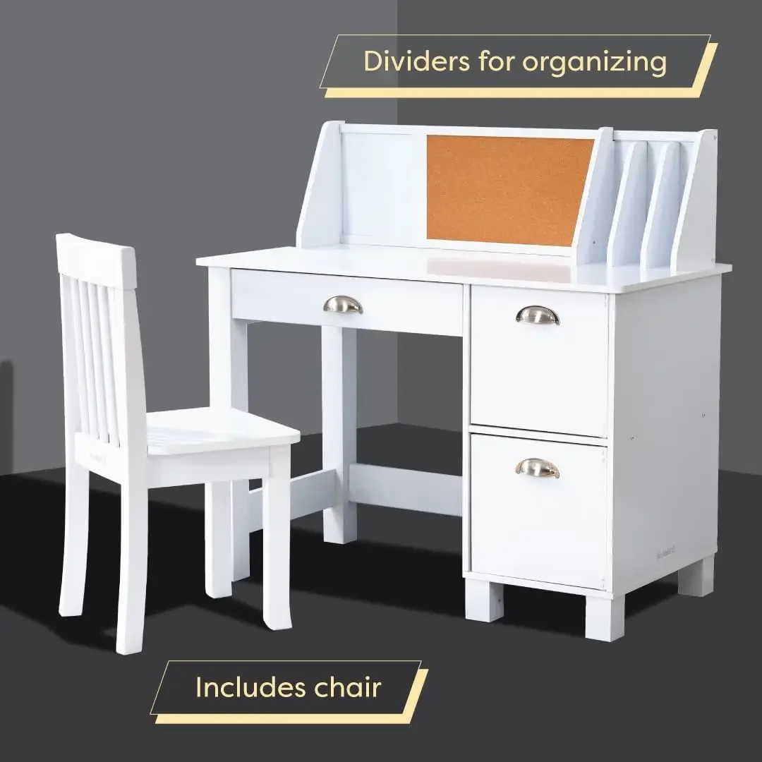 Wooden Study Desk for Children with Chair, Bulletin Board and Cabinets, White 2