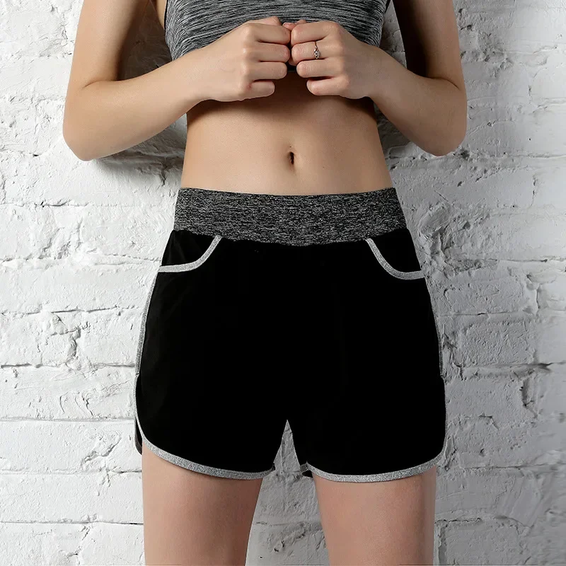 High Elasticity Three-Quarter Length Color Block Pocket Sports Shorts Women's Fitness Running Pants Tummy Control Butt Lifting