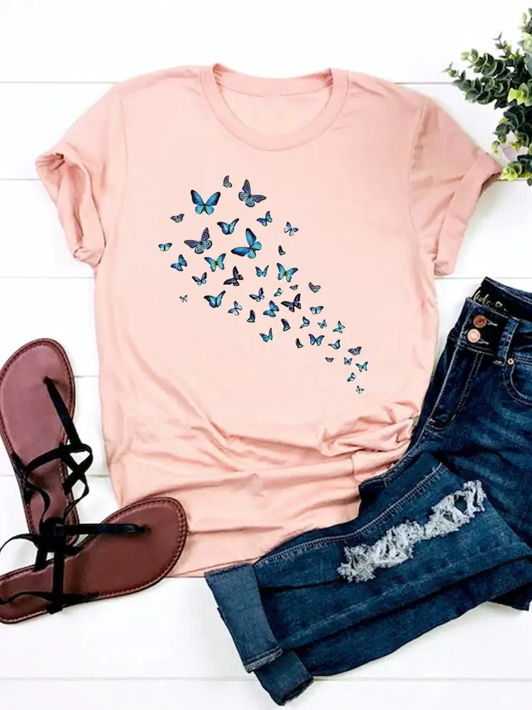 

Women Butterfly Sweet Trend Cute Basic Tee Fashion Print T Shirt Short Sleeve Ladies Graphic T-shirt Clothes Top Clothing