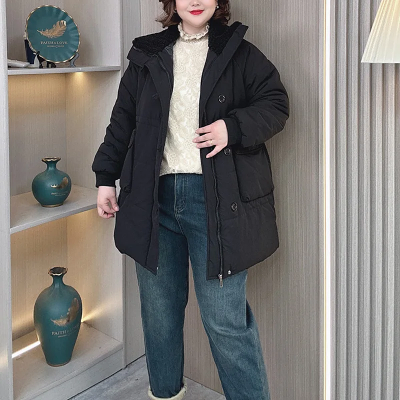 Plus Size Women Down Cotton Parka Winter Loose Fashion Warm Big Pocket Knitted Collar Cotton-Padded Coat 276