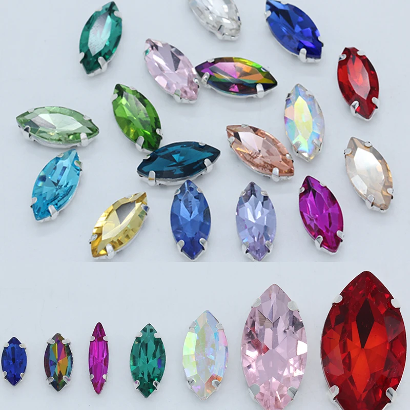 

All Size 24 Colors Marquise Shape Sew On Navette Rhinestone With Silver Claw Button Horse Eye Jewels 4-Holes For Sewing Clothes