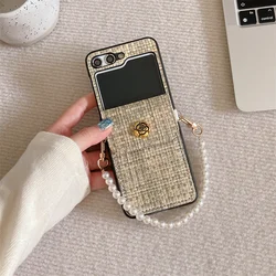 Luxury Woven Texture PU Leather Card Holder Wrist Strap Phone Case - Galaxy Z Flip 5 (Khaki)