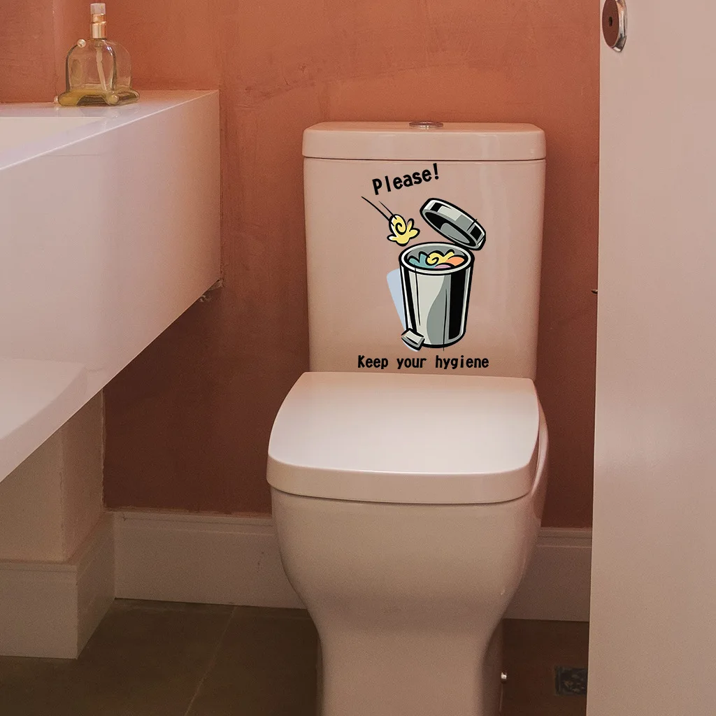 Funny Trash Can Toilet Stickers Keep Your Hygiene Prompt Slogan Pvc Stickers Toilet Decoration Wall Wall Mural Art