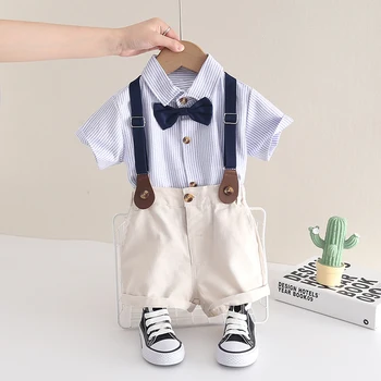 New Summer Kids Boy's Clothes Suits Children Blue Striped Shirt Bib Shorts 2Pcs/Set Gentleman Toddler Baby Tracksuits 0-5 Years 1