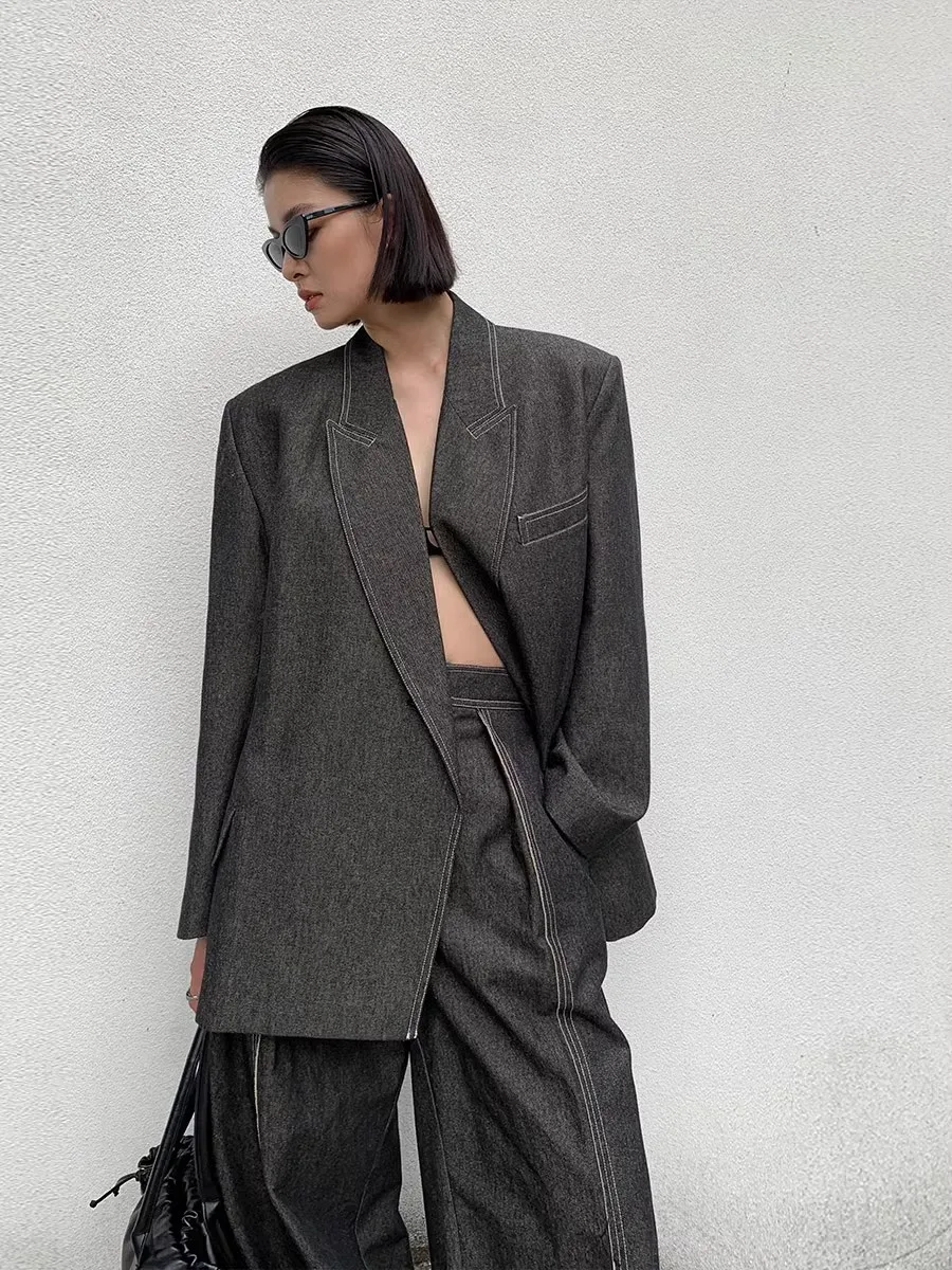Two Pieces Patchwork Button Chic Suits For Women Lapel Long Sleeve denim Temperament Designer Jackets Coats Female New sets 4