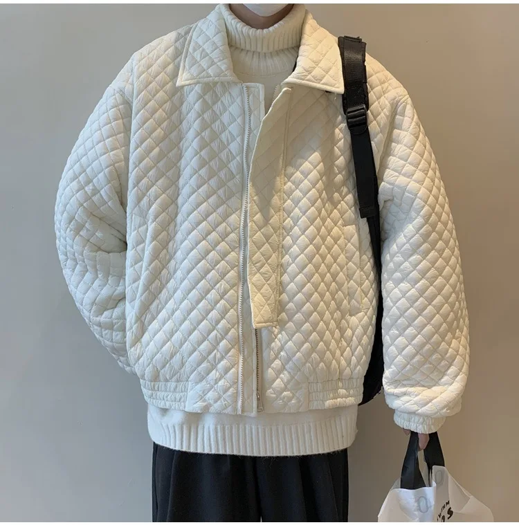 Winter Jacket Men's Trend Thickened Padded Jackets Lapel Loose Short Argyle Coat Bomber Jacket Youth Streetwear Chaquetas Hombre