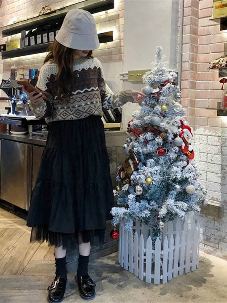 Long Tulle Midi Skirts Womens  Autumn Elastic High Waist Mesh Tutu Pleated Skirts Female Black White Long Skirt Streetwear 5