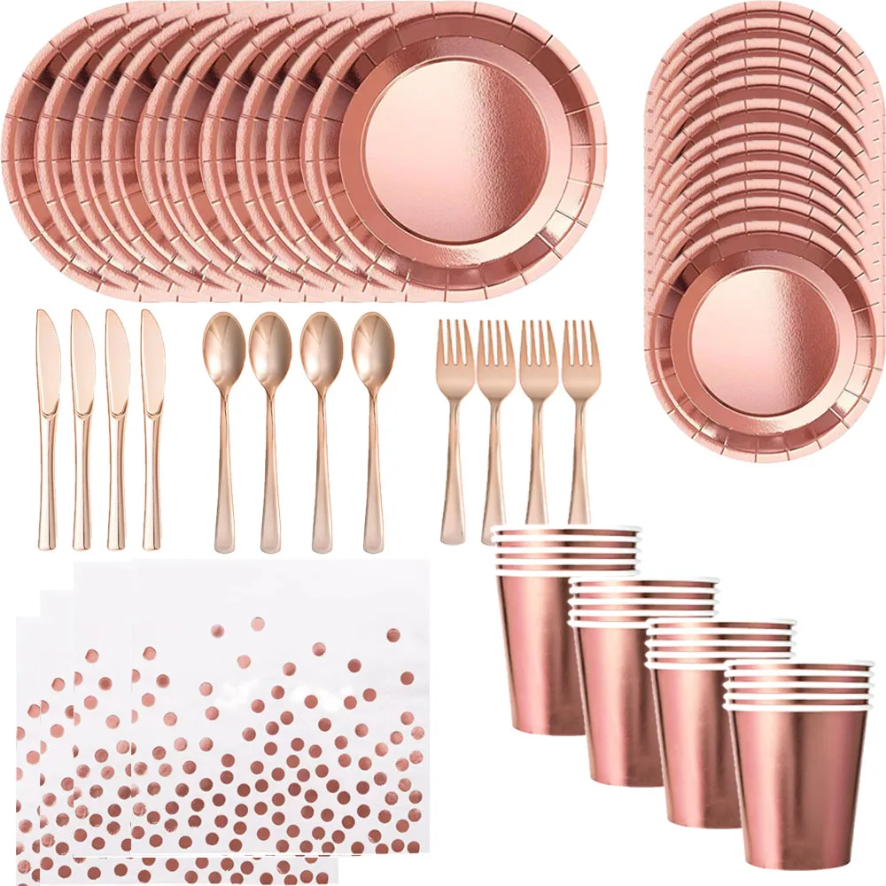 

Rose Gold Disposable Tableware Sets Rose Gold Stamping Paper Plates Napkins Queen Princess Girls Happy Birthday Party Supplies