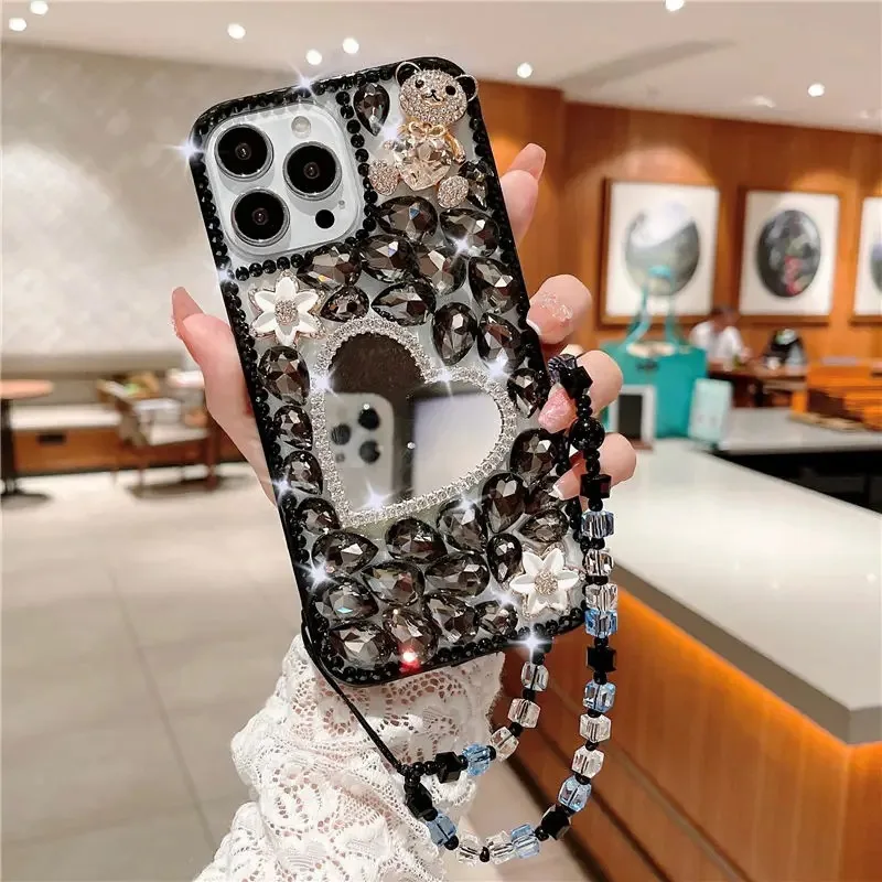 Luxury Women Girls Diamond Makeup Mirror Back Cover for Huawei P50Pro P40 Mate30 for Honor 9X 50 60Pro Shockproof Phone Case
