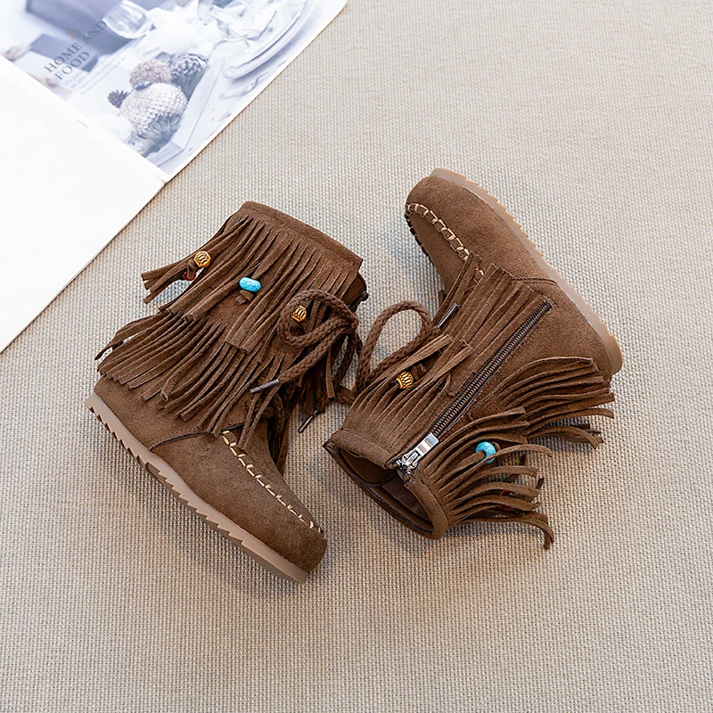 Suede Leather Boots for Girls with Beaded Fringes