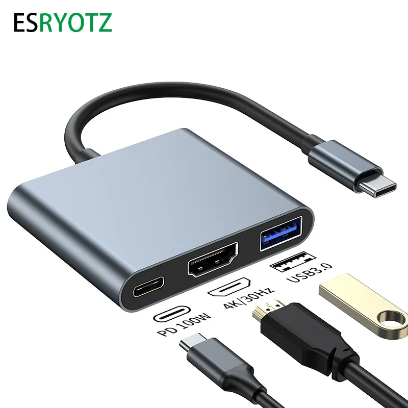 노트북용 고속 충전 도킹 스테이션, C타입 인터페이스, USB C to HDMI 호환 USB-A, USB 3.0, PD 100W, 3 in 1
