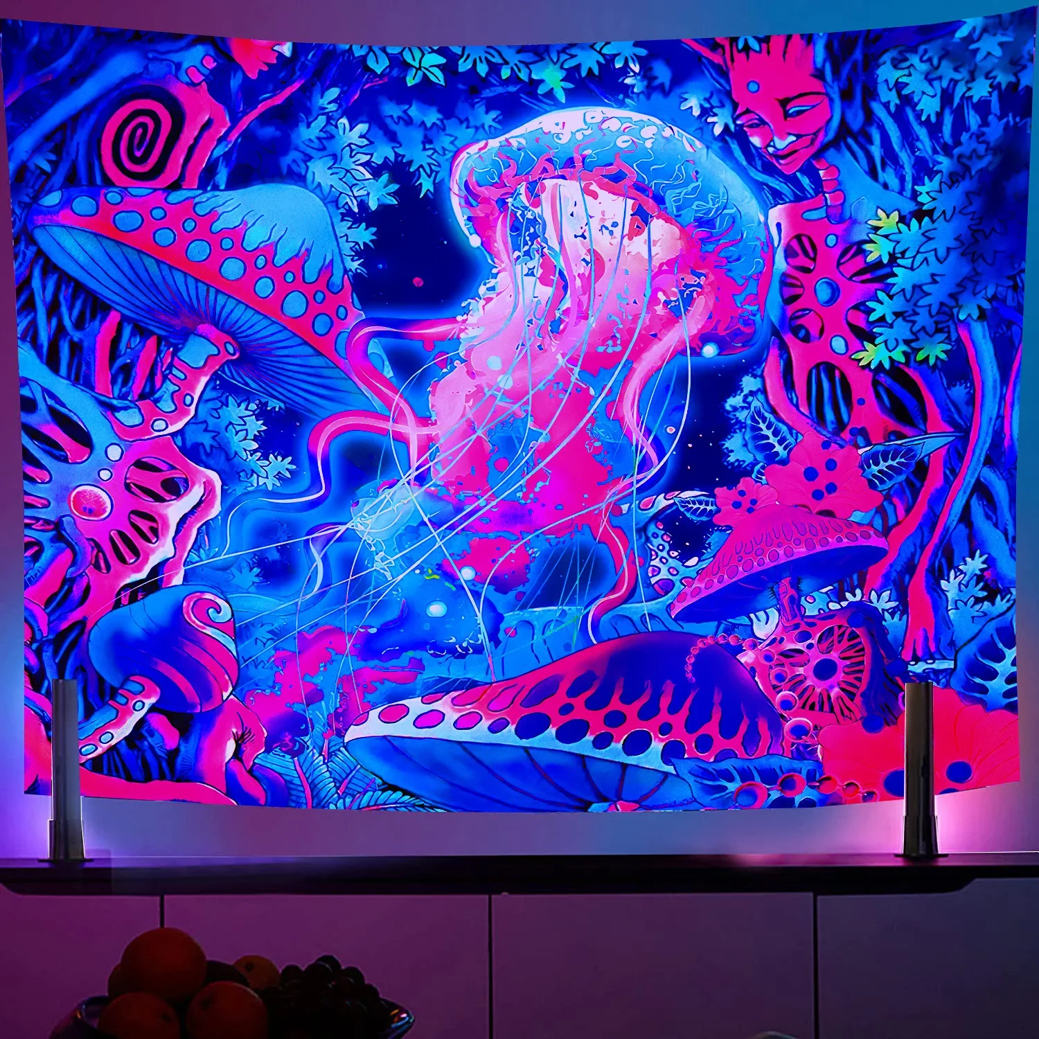 

Fluorescent Mushroom Tapestry UV Reactive Moon and Stars Aesthetic