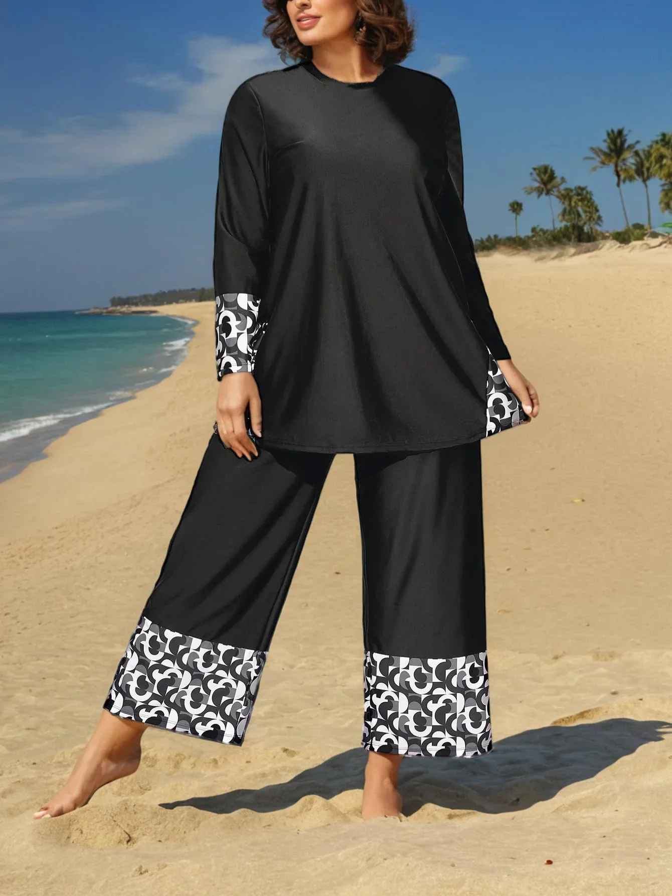 Women Muslim Swimwear Maple Leaf Printing Lslamic Clothes Hijab Long Sleeves Sport Swimsuit Burkinis Bathing Suit Abaya, women swimwear, muslim swimwear