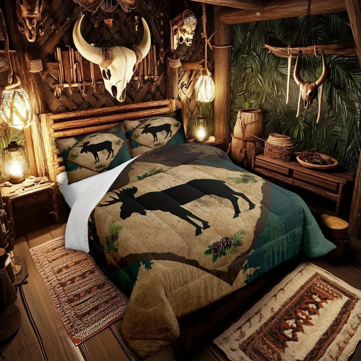 3Pcs Lodge Cabin Comforter Set King Size, Wild Deer Antlers Pine Trees Retro Grid Bedding with Pillowcases