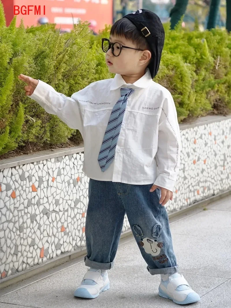 Children's Shirt Preppy Style Spring and Autumn New Boys Girls cotton Letter Tie Long Sleeved White Blouse Kids Loose Casual Top
