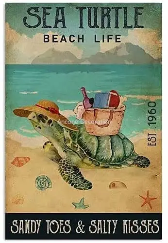 

Sea turtle metal tin sign beach life home art wall decoration plaque beach swimming surf club decoration poster
