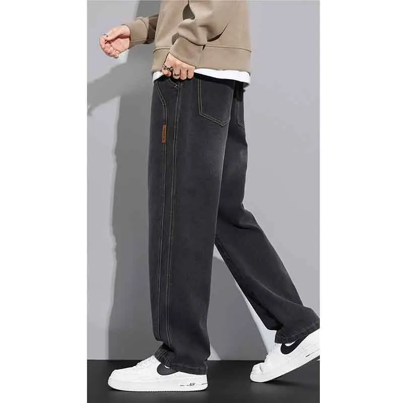 Korean Vintage Blue Wash Loose Casual Wide Leg Jeans Men Elastic Waist Drawstring Pocket Summer Versatile Straight Denim Pants