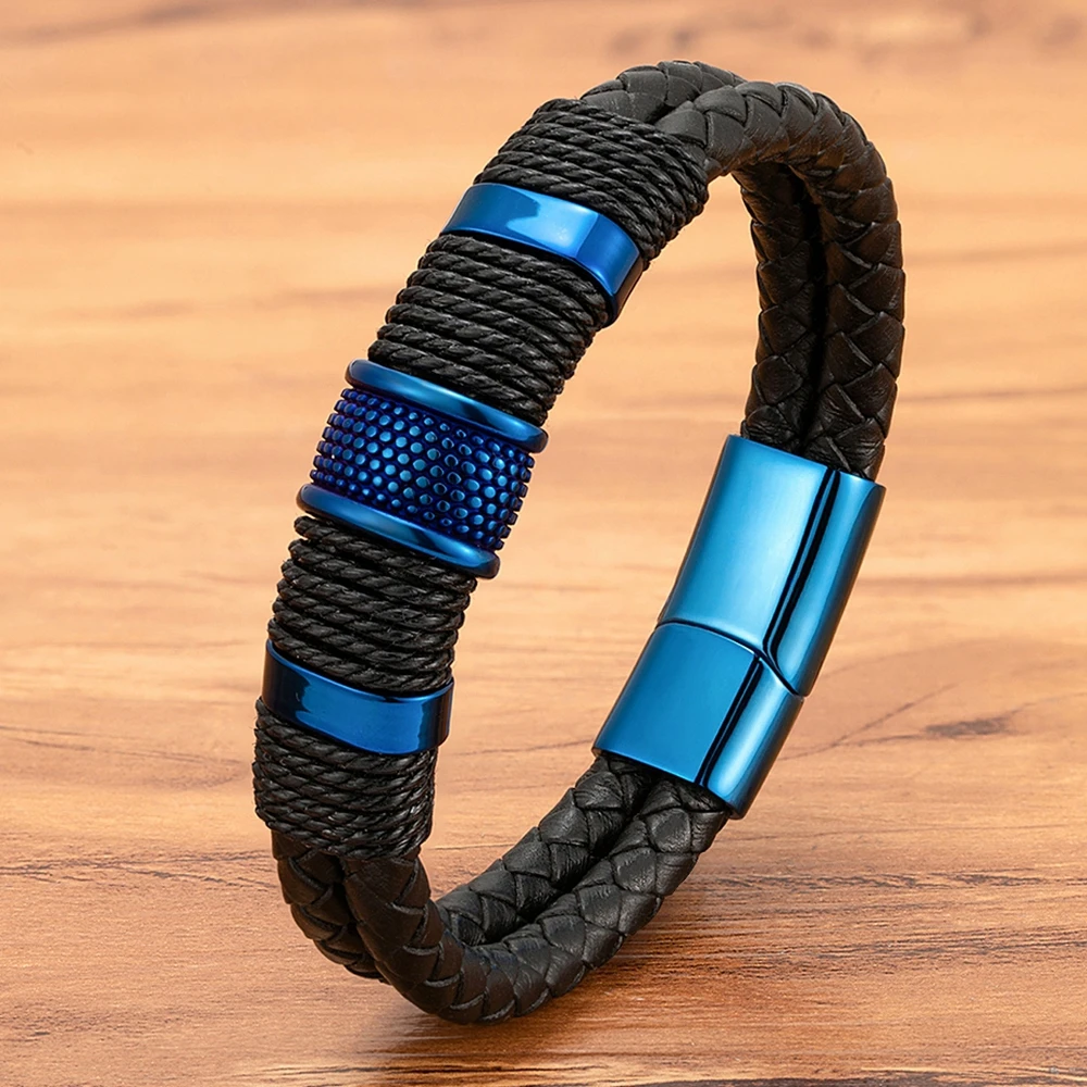 XQNI Doppelschichtige geflochtene Seilwickel-Lederarmbänder für Männer, Charm, Blau, Schwarz, klassischer Edelstahl-Armreif, Paarschmuck