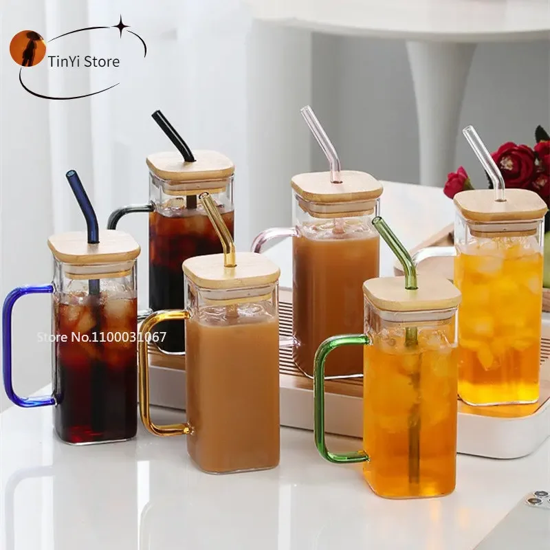 350ML Square Mug With Lids and Straws Single Colored Handle Layer Drinking Glass Cups For Iced Coffee Milk Bubble Tea Water glass cup square mug
