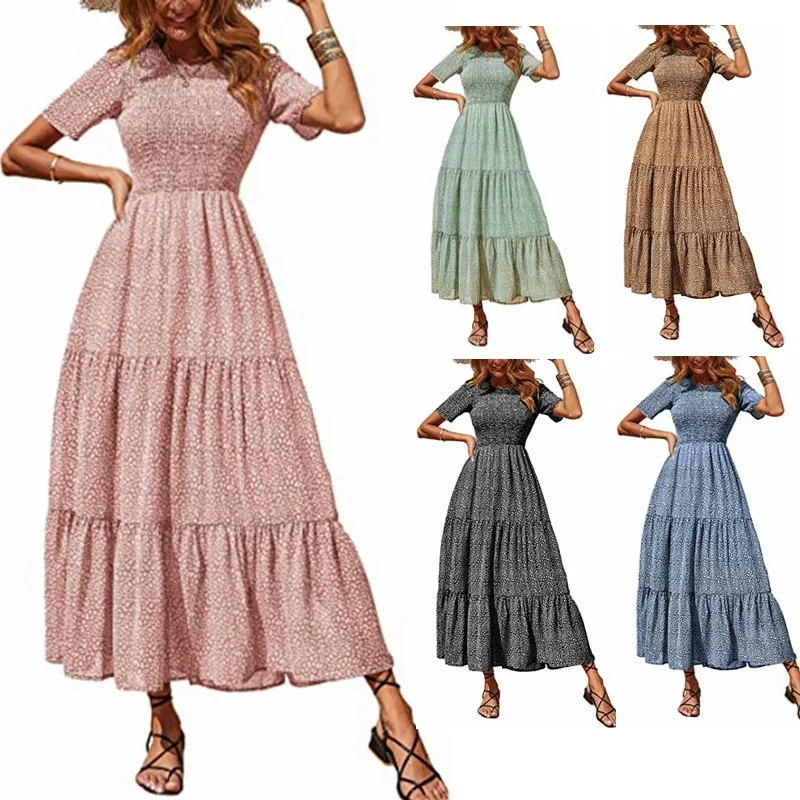 

2023 Women's Crew Neck Gathered Floral Print Layered Short Sleeve Dress Summer Fashion Casual Party Elegant Long Dresses Lady