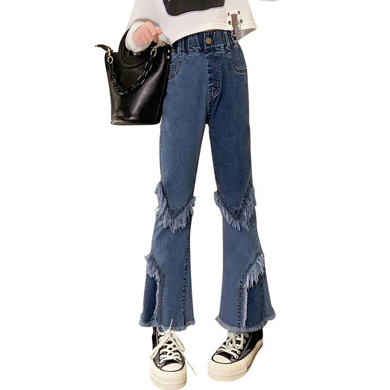 

Young Girl Vintage Split Jeans with Tassel New Spring Casual Fashion Retro Kids Denim Flare Pants School Children Trousers 2023
